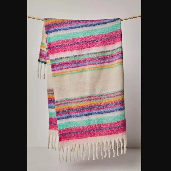 NWT FREE PEOPLE Skye Stripe Fringe Throw Blanket O/S 60’’ x 51” Ivory Multi - Picture 3 of 5